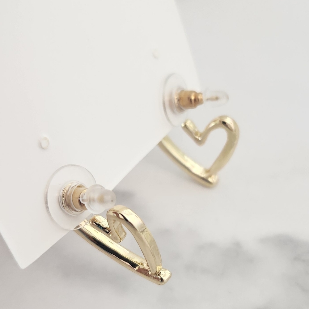 Gold Open Heart Hoop Earrings Modern Abstract Chunky Statement - Picture 7 of 9